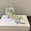 2022 Yeni Moda Elbise Ayakkabı Lüks Tasarımcılar Akşam Slingback Satin Yay Pompaları 6.5cm Kristal-Emberishments Rhinestone Ayakkabı Makara Topuklu Topuklar Sandals Kadınlar İçin