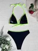 Bras Sets Para Praia Green Black Patchwork Bikini 2022 Sexy Swimwear Women Brazilian Swimsuit Halter Biquini Mesh Two Piece Bathing Suit T221206