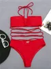 Soutien-gorge Ensembles Para pra praia 2022 sexy rouge licou bikini ensemble croix bandage femmes maillots de bain taille haute maillot de bain évider maillot de bain biquini t221206