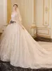 Элегантные кружевные свадебные платья трапециевидной формы с длинными рукавами и атласной аппликацией, расшитые блестками, со шлейфом, свадебные свадебные платья с пуговицами