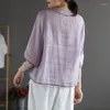 Blouses Femmes Johnature Femmes Broderie Chemises Coton Lin Col V Trois Quarts Manches Bouton Blouse Lâche 2022 Été Vintage