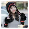 Шапочка/черепа крышки 1 setis2pcs Зимние вязаные шляпы Set Skl Caps Gloves 2 -iece Cuse Толстая шерсть Женщины шапочки сплошной теплой теплый Dhgf2