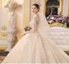 Elegant Lace A Line Wedding Dresses Sheer Long Sleeves Satin Applique sequined Sweep Train Wedding Bridal Gowns With Buttons