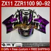 ABS-Verkleidungsset für KAWASAKI NINJA ZX 11 R 11R ZZR-1100 ZX11 R ZX-11R 1990 1991 1992 Karosserie 164Nr. 127 ZZR 1100 CC ZX-11 R 90-92 ZZR1100 ZX11R 90 91 92 Verkleidung rosa Flammen