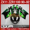 OEM-mässor för Kawasaki Ninja ZZR1100 ZX 11 R 11R 1990-1992 BODY 164NO.79 ZX-11 R ZZR 1100 CC ZX-11R ZZR-1100 ZX11R 90 91 92 ZX11 R 1990 1991 1992 Fairing Kit Green Stock