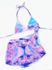 Bras Sets Para Praia 2022 Summer Tie Dye Three Pieces Swimsuit with Shorts Women Halter Bikini Sexy Bandage Bathing Suit Women Swimwear T221206