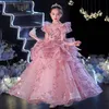 Flower Girl For Wedding Pink Beaded Sequined Sash Ball Gown Sweep Train Crew Little Girls Pageant Gowns First Communion Dresses 403