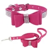 Dog Collars Pet Rhinestones Bow Knot Collar Cat Bling Soft Cute Tie PU Leather Supplies 1207