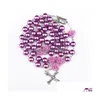 Colliers De Perles Belle Femme À La Mode Violet Imitation Perle Rose Catholicisme Perles De Prière Croix Collier Déesse Religion Bijoux Goutte Dhbz8