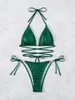 Bras Define Para Praia Verde Feminino Swimsuit 2022 Brilhante Lantejoulas Bikini Cross Bandage Mulheres Swimwear Push Up Bikini Set Thong Banheira Terno T221206