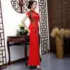 Etnisk kl￤dnyhet kinesisk stil vintage broderi bodycon qipao br￶llop kv￤ll fest mager kl￤nning kvinnor klassisk gaffel cheongsam