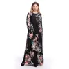 Ethnische Kleidung Plus Size Abaya Muslim Blumendruck Maxi Langes Kleid Frauen Islamische Kaftan Kleider Arabische Plissee Ärmel O-Ausschnitt Robe Schwarz