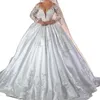 간단한 V 목 흰 웨딩 드레스 볼 가운 맞춤형 레이스 풀 소매 바닥 길이 교회 신부 드레스