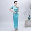 Etniska kläder lyxiga underbara kvinnor lång knapp qipao kinesisk traditionell kort ärm elegant cheongsam smal kvällsfest klänning nyhet