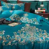 Set di biancheria da letto Blu Rosso Lusso Golden Royal Ricamo 80S Cotone egiziano Set da sposa Copripiumino Lenzuolo Federe di lino 4 pezzi