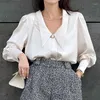 Women's Blouses Fashion Vintage V-Neck Silk Blouse Office Solid Satin Shirt Top Loose Casual High Quality Long Sleeve Blusa 24316