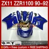 Full Blue Glossy Fairings for Kawasaki Ninja ZX 11 R 11R ZX11 R ZZR1100 ZX11R 90 91 92 BODY 164NO.92 ZZR 1100 CC ZX-11R ZZR-1100 1990 1991 1992 ZX-11 R 90-92 ABS FAIRING KIT KIT