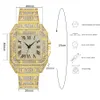 Hip Hop Men's Golden Watches Luxury Rhinestone Roma Dial Square Quartz Watch for Men Stainless Steel Wristwatches