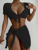 BHs Sets Para Praia 4 Stück Bandage Bikinis Set 2021 Rock Bademode Frauen Hohe Taille Kurzarm Badeanzug Weibliche Sommer Krawatte biquini T221206