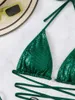 Bras Define Para Praia Verde Feminino Swimsuit 2022 Brilhante Lantejoulas Bikini Cross Bandage Mulheres Swimwear Push Up Bikini Set Thong Banheira Terno T221206