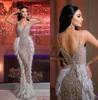 Luxurious Feathers Mermaid Prom Dresses V Neck Lace Spaghetti Straps Party Dresses Pearls Sequins Custom Made Evening Dress