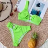 Bras Sets Para Praia One Shoulder Sexy Cut Out Bikini Set Women Ring Bandeau Swimwear Woman Push Up Two Piece Swimsuit Summer 2021 T221206