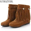 Stiefel AIYKAZYSDL Bohemian Gypsy Boho Ethno National Damen Quaste Fransen Kunstleder Stiefeletten Frau Mädchen Flache Schuhe Booties 221207