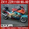 Fairings Kit For KAWASAKI NINJA ZX 11 R 11R ZX-11 R ZZR1100 ZZR 1100 CC Body 164No.32 ZX11 R 90-92 ZX-11R ZZR-1100 ZX11R 90 91 92 1990 1991 1992 ABS Full Fairing cyan orange blk