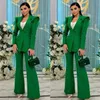 Designer Green Women Pants Suits With Shoulder Pads Long Sleeve Top Straight Slim Blazer Sets High Streetwear 2 Pieces