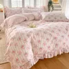 침구 세트 Bonenjoy Pink Color Duvet Cover with Ruffles 100%Cotton Flower Printed Housse de Couette for Girls Pure Cotton Bed King 221207