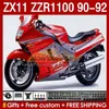 Fairings red factory Kit For KAWASAKI NINJA ZX 11 R 11R ZX-11 R ZZR1100 ZZR 1100 CC Body 164No.39 ZX11 R 90-92 ZX-11R ZZR-1100 ZX11R 90 91 92 1990 1991 1992 ABS Full Fairing