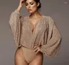 Women's Blouses Deep V Neck Playsuits Women Sexy Loose Gold Bodysuits Female Shiny Silver Jumpsuits Lady Bling Tops