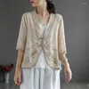 Blouses Femmes Johnature Femmes Broderie Chemises Coton Lin Col V Trois Quarts Manches Bouton Blouse Lâche 2022 Été Vintage