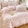 침구 세트 Bonenjoy Pink Color Duvet Cover with Ruffles 100%Cotton Flower Printed Housse de Couette for Girls Pure Cotton Bed King 221207