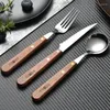 Ensembles de vaisselle vaisselle en bois coffret cadeau ustensiles en acier inoxydable pour cuisine fourchette cuillères Camping cuillère couverts couteau