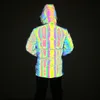 Men's Down Parkas Winter Spring Men Rainbow Reflective Jacket Safety Thick Cotton Long Coat Plus Size Loose Hip Hop Hooded Outwear Streetwear 221207