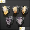 Con pietre laterali Csja Anello da donna Pietra naturale Irregar Crystal Sier Color Wire Wrapped Anelli aperti regolabili Reiki Fashion Jewelry P Dhf9K