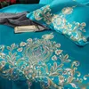 Set di biancheria da letto Blu Rosso Lusso Golden Royal Ricamo 80S Cotone egiziano Set da sposa Copripiumino Lenzuolo Federe di lino 4 pezzi