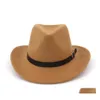 Breda randen hattar hink hattar europeiska amerikanska mode män kvinnor ull filt fedora strand skuggning unisex cowboy hattar bälte spänne dekor jazz dhhtd