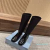 Winter Luxury Women Knee Boots Triangle Brushed Leather Nylon Chunky Lug Sole Comfort Footwear Lady Martin Motorcycle