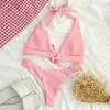 Soutiens-gorge Ensembles Para Praia Sexy Rose Maillot De Bain Femmes Halter Deux Pièces Costume Keyhole Bikini Ensemble Anneau Maillot De Bain High Cut Bikini Noeud Maillots De Bain T221206