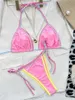 Bras sätter para praia rosa lapptäcke bikini 2022 sexig bandage badkläder kvinnor brasiliansk baddräkt halter biquini två stycken baddräkt t221206