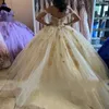 Champagne Ball Gown Quinceanera Dresses For Womens 2023 Beading Off The Shoulder Lace Applique Crystal Sweet 16 Dress Graudaiton Party Formal Gowns