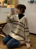 Kvinnors tröja Vintage Argyle Korean matchar alla chic v halsdamer tröjor student lat stil vinter kvinnor tröja 221206