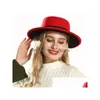 Wide Brim Hats Bucket Hats Outer Black Inner Red Flat Brim Sombreros Top Felt Boater Hat Womens Lady Imitate Wool Fedora Hats With Dhzbj