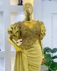 Arabic Aso Ebi Mermaid Gold Prom Dresses Real Image Beaded Lace Evening Formal Party Second Reception Birthday Gowns