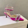 2022 Yeni Moda Elbise Ayakkabı Lüks Tasarımcılar Akşam Slingback Satin Yay Pompaları 6.5cm Kristal-Emberishments Rhinestone Ayakkabı Makara Topuklu Topuklar Sandals Kadınlar İçin