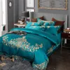 Set di biancheria da letto Blu Rosso Lusso Golden Royal Ricamo 80S Cotone egiziano Set da sposa Copripiumino Lenzuolo Federe di lino 4 pezzi