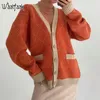 Kvinnors stickor Tees waatfaak estetik y2k orange överdimensionerad tröja cardigan kvinnor vintage argyle jumper lapptäcke stickad v hals vinter 221206