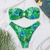 مجموعات حمالات الصدر الفقرة Praia 2022 Sexy Floral Bandeau Swimsuit Female Bikini Set Thong Swimwear Women Brazilian Biquini Hollow Out Bathing Suit T221206